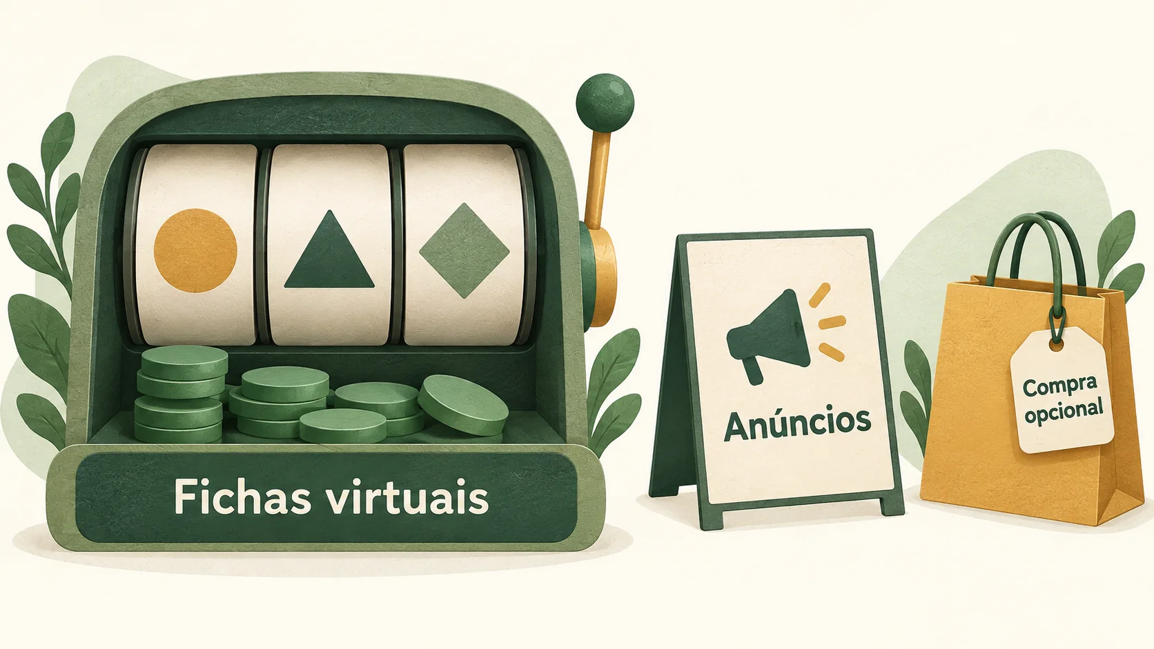 Slots abstratos com fichas virtuais, anúncio e compra opcional em áreas separadas.