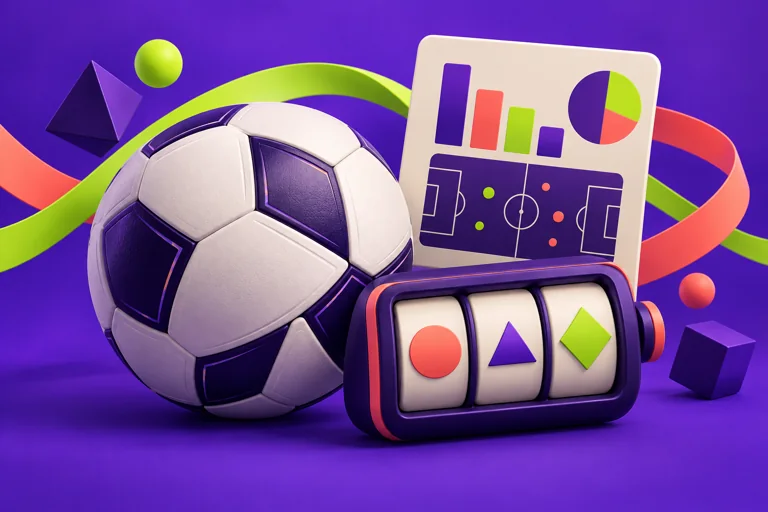 Composição em roxo, verde-lima e coral com bola de futebol, símbolos de jogos e painel de estatísticas.