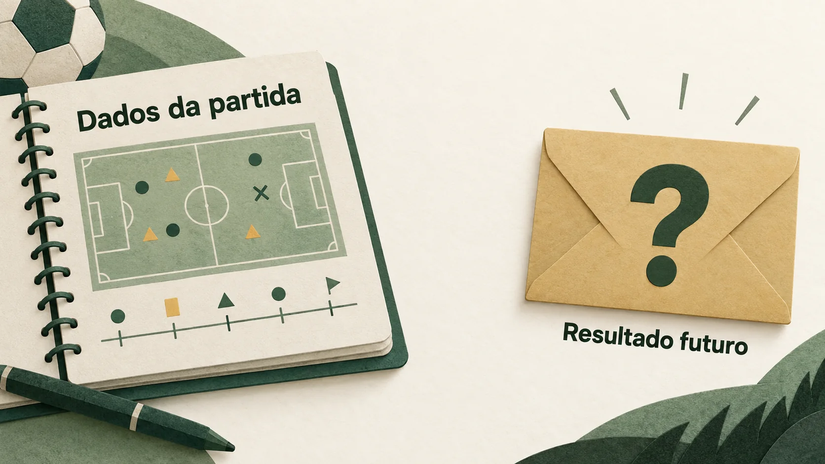 Ilustração de dados de uma partida ao lado de uma avaliação com ponto de interrogação.