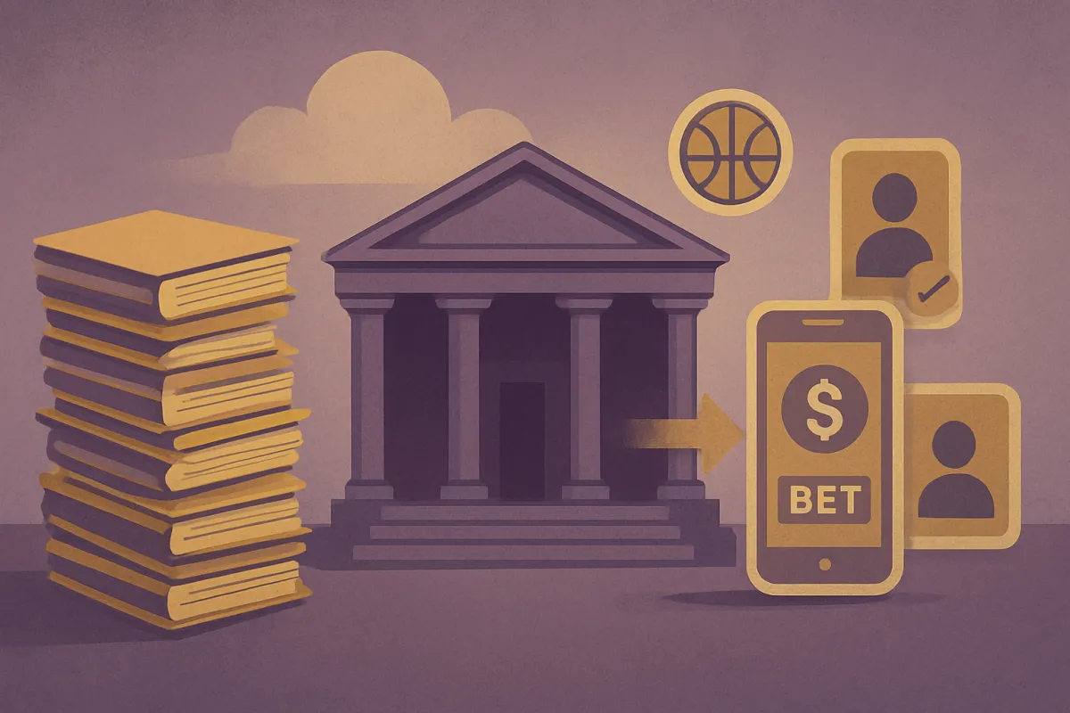 Ilustração conceitual de arquivos judiciais e elementos de contas digitais convergindo para um tribunal, representando o aumento de processos relacionados a bets.